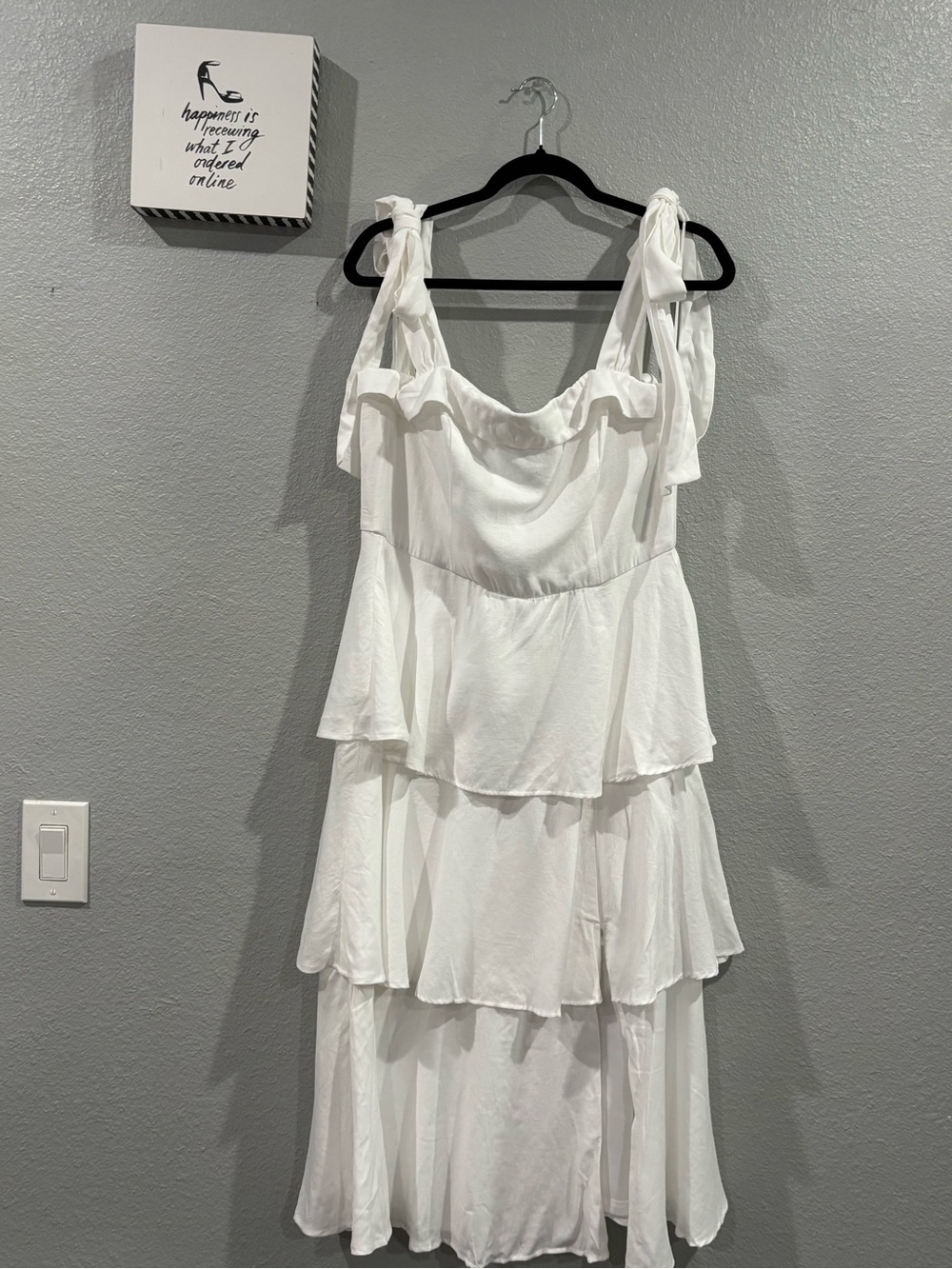 Women's White Tiered Ruffle Midi Dress - Sleeveless Tie-Strap